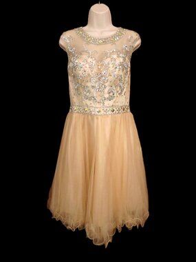 May Queen Couture Dk Creamy Gold Dress Rhinestones Curly Hem Size 8